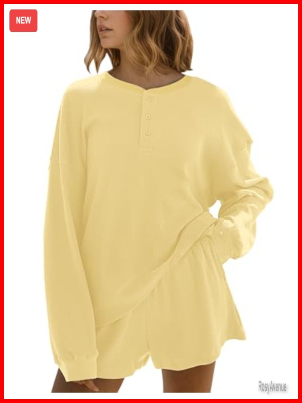 Women's Waffle Knit Lounge Set Oversized Henley Top Elastic Waist Shorts